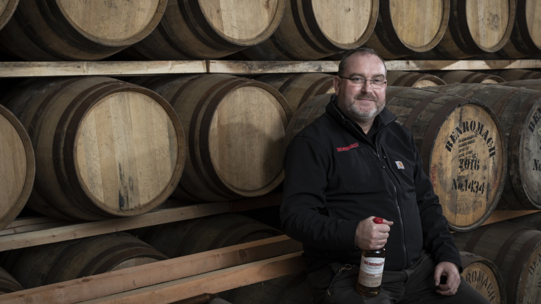 Benromach Distillery Manager Keith Cruickshank in Dunnage Warehouse with whisky casks